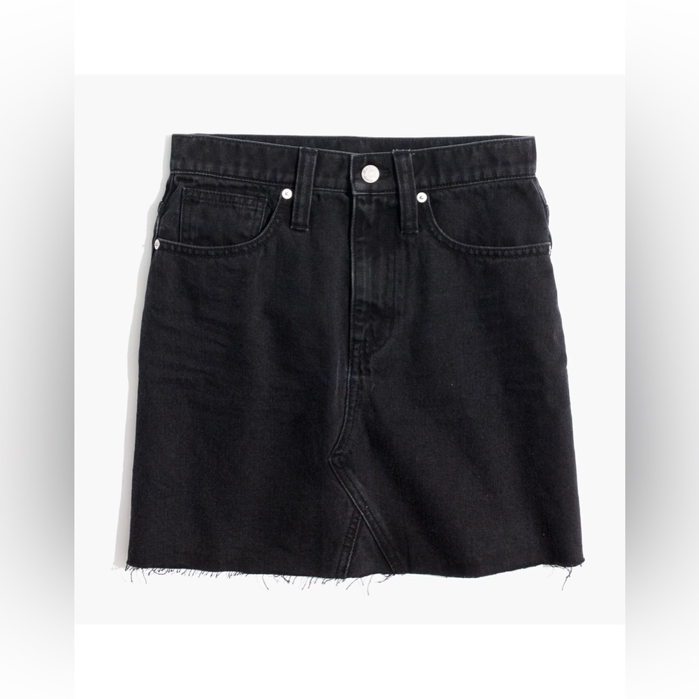 MADEWELL 100% Cotton Black Denim Mini High-Waist A-Line Frayed Hem Casual Skirt - Picture 13 of 16